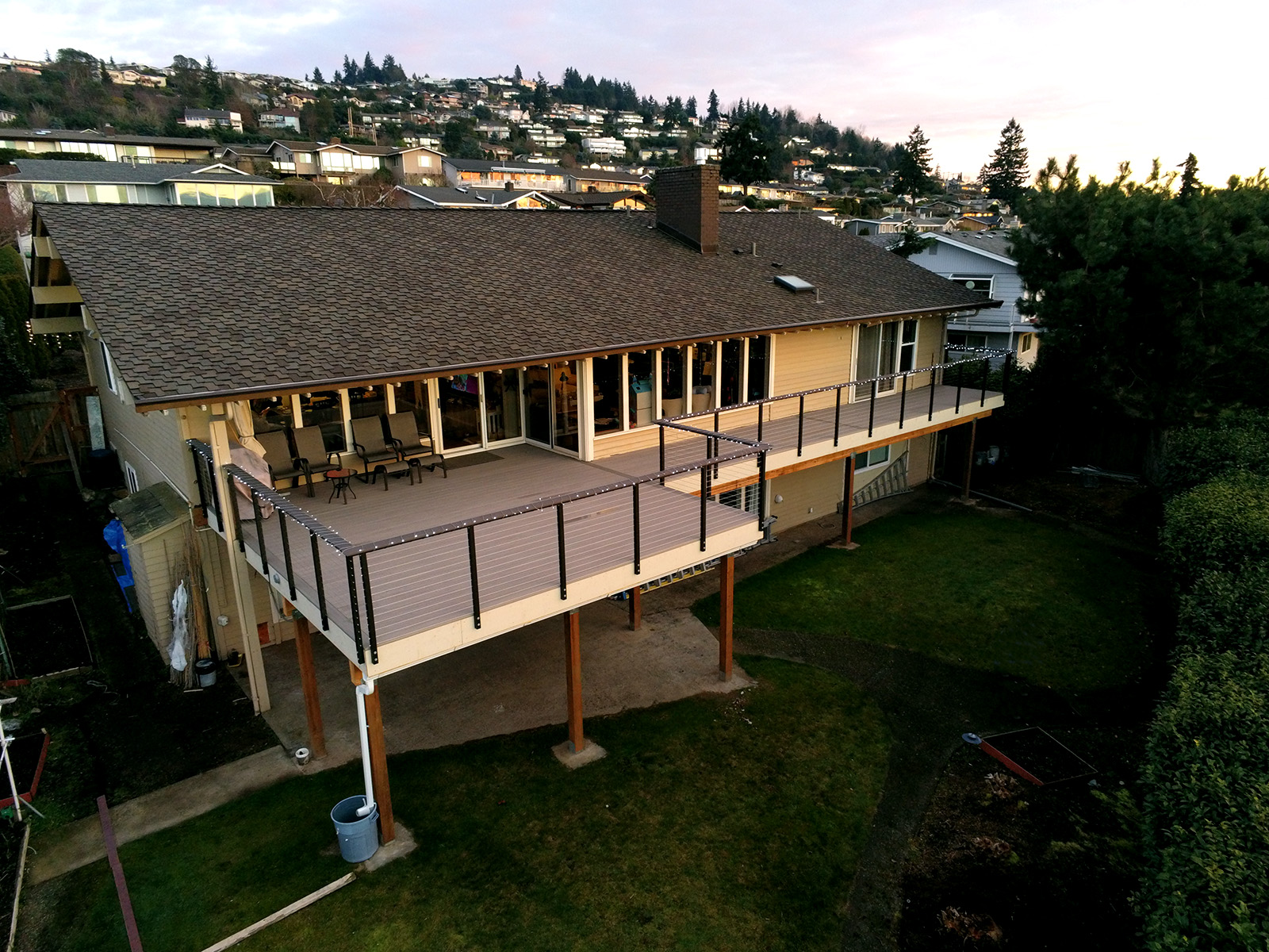 Bellevue balcony deck with cable railing overlooking Seattle